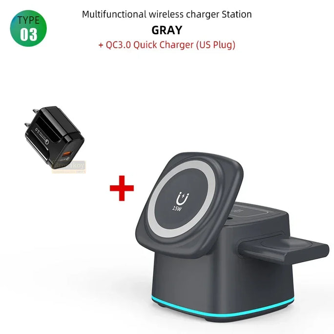 3-in-1 Magnetic Wireless Charger for Apple Devices - 15W Fast Charge