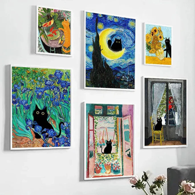 Black Cat and Van Gogh Canvas Art